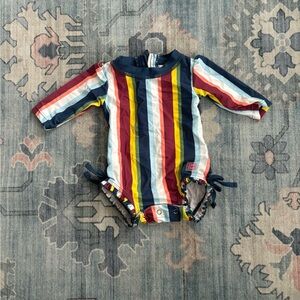 Ruffle Butts Blue and Red Bodysuit with Vibrant Stripes